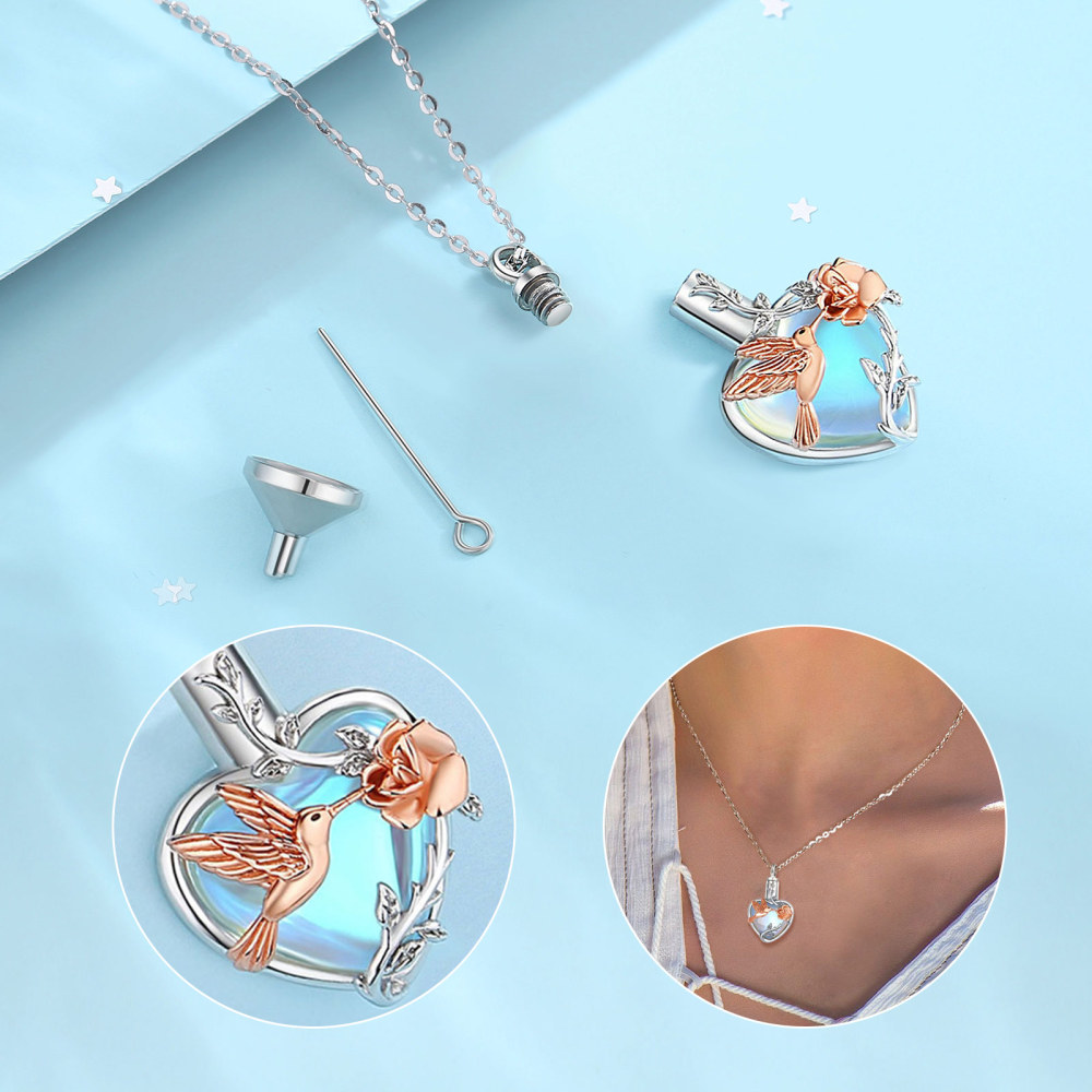 Heart-Shaped Urn Pendant Necklace with Moonstone or Swarovski Crystal