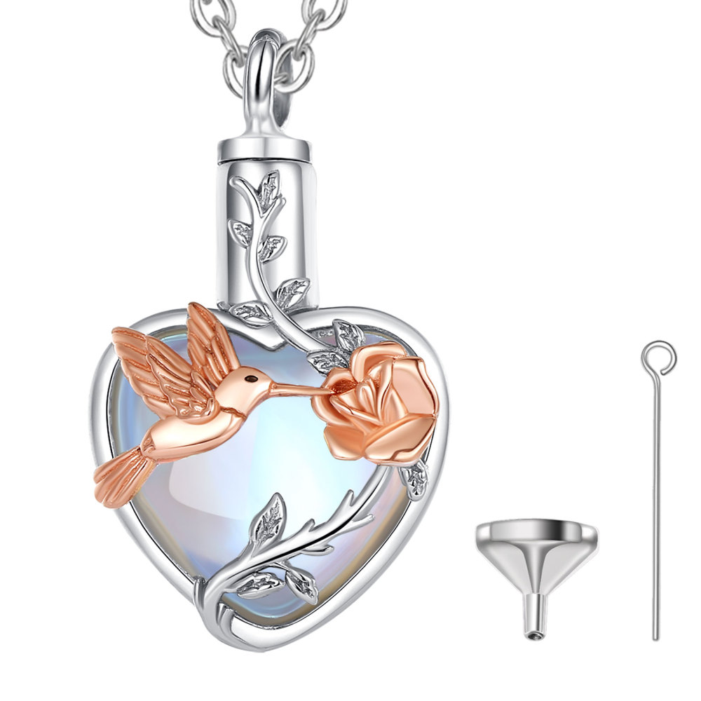 Heart-Shaped Urn Pendant Necklace with Moonstone or Swarovski Crystal