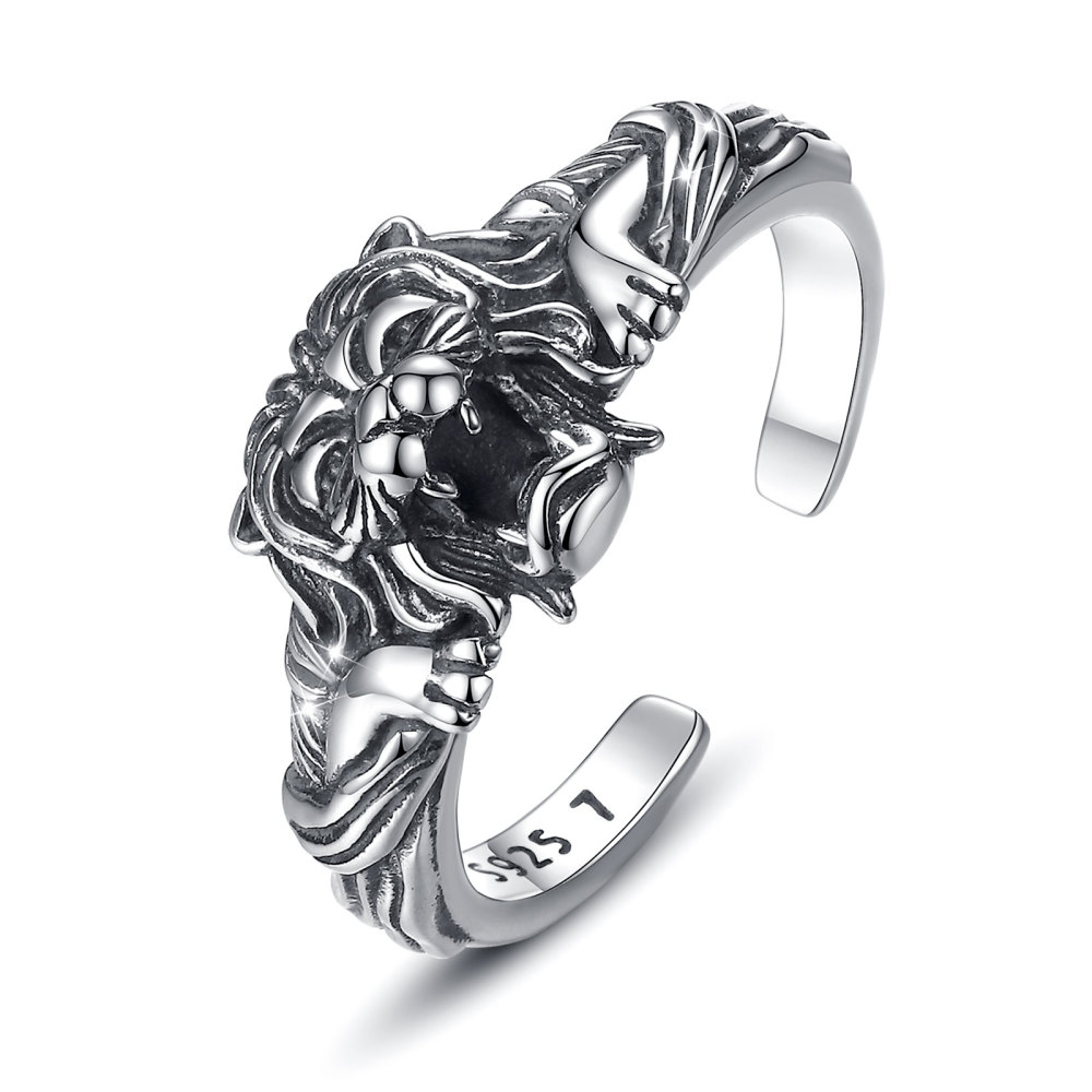Vintage Oxidized Lion Head Design Open Adjustable Ring