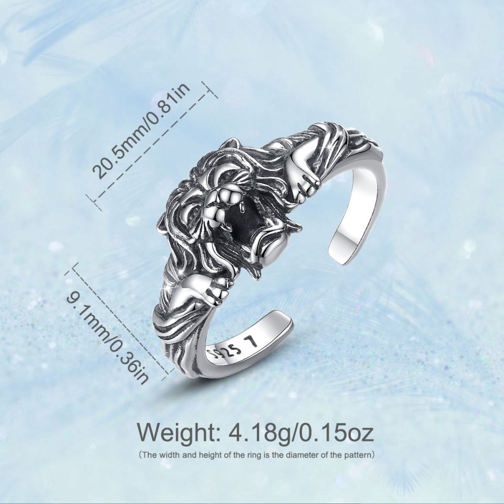 Vintage Oxidized Lion Head Design Open Adjustable Ring
