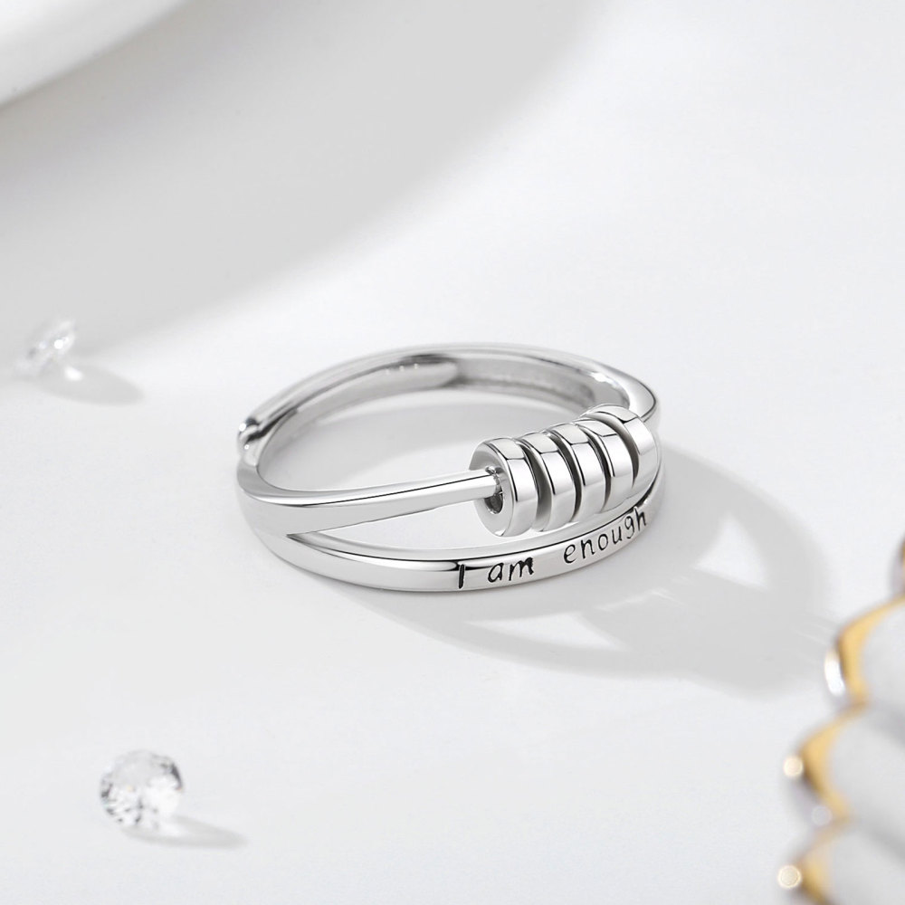 925 Sterling Silver Adjustable Fidget Ring with Rotating Beads