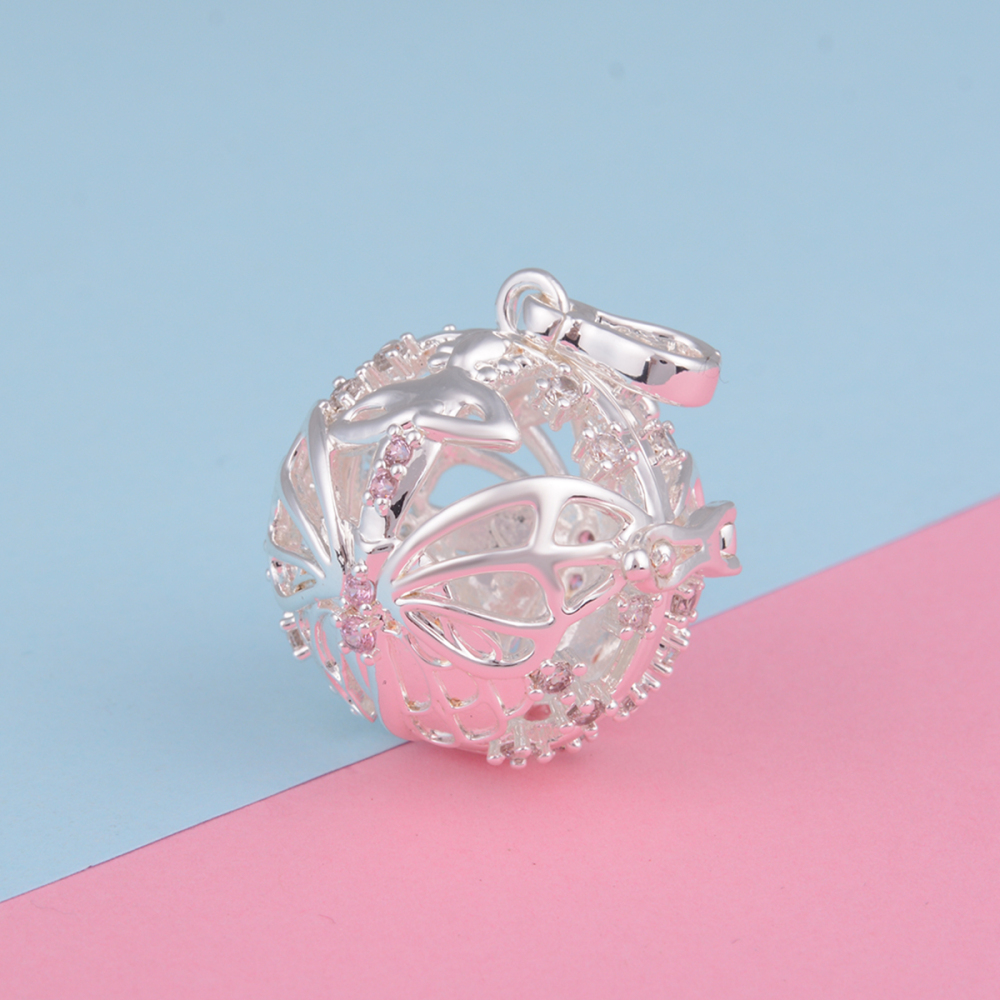 Pink CZ Butterfly Angel Chime Balls Cage Necklace