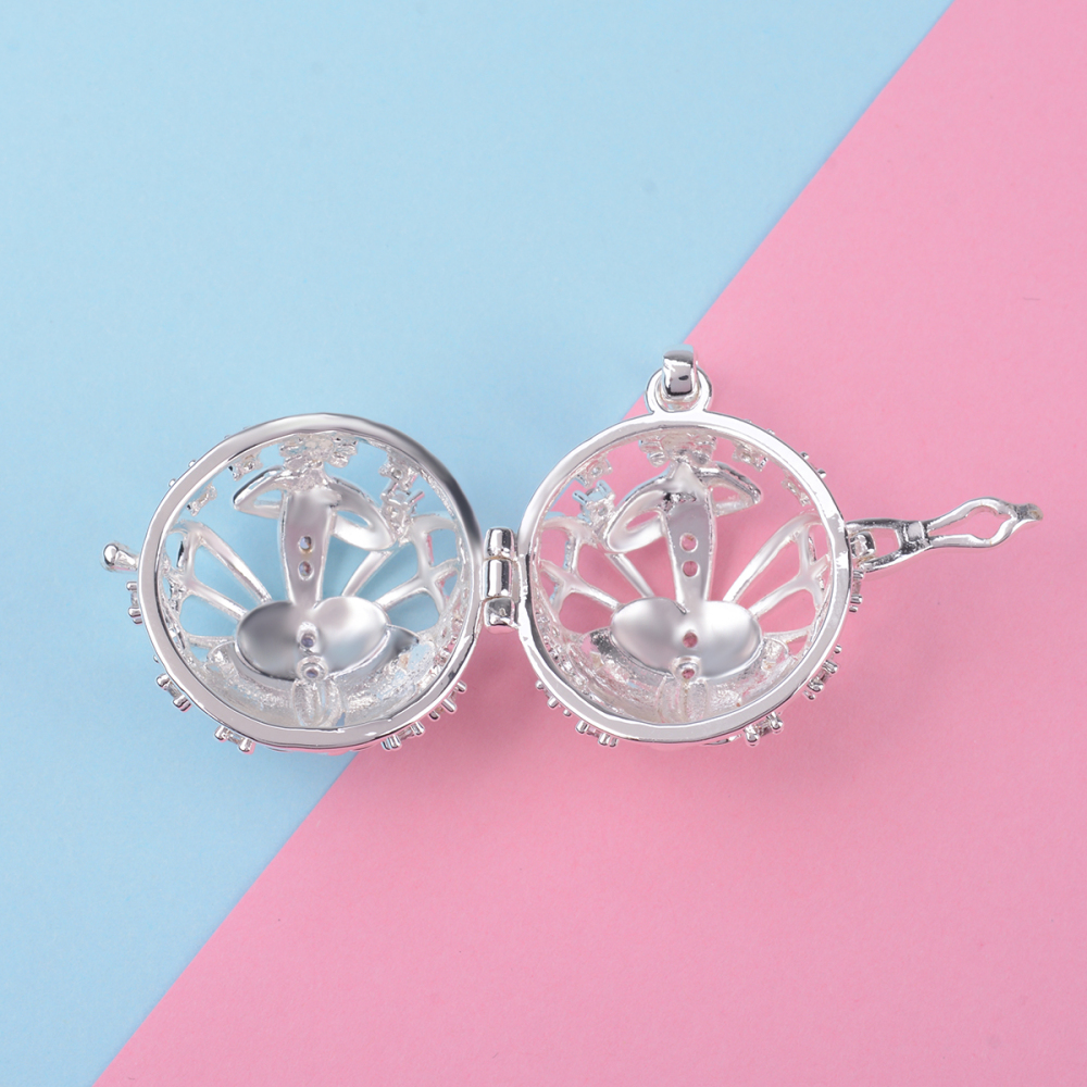 Pink CZ Butterfly Angel Chime Balls Cage Necklace