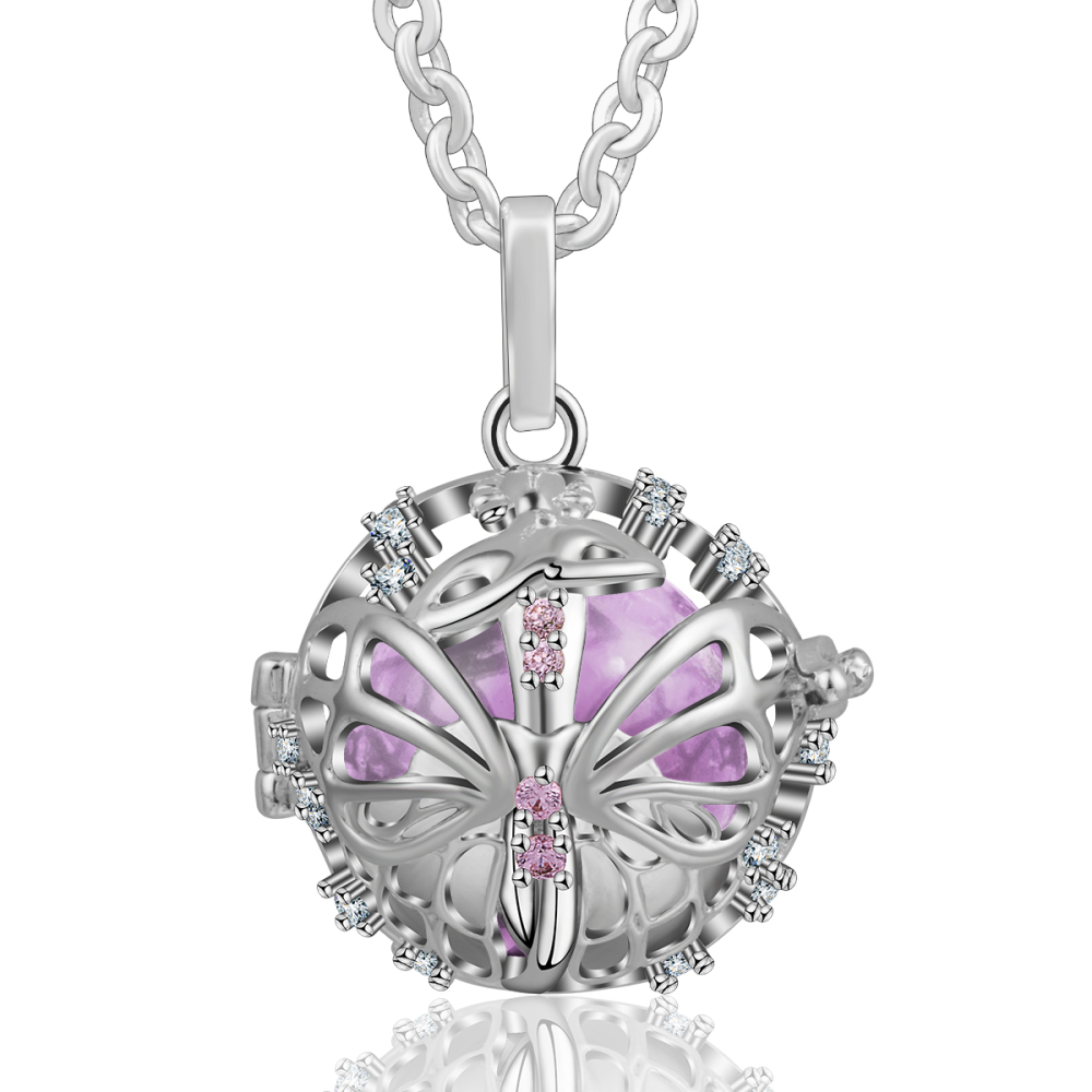 Pink CZ Butterfly Angel Chime Balls Cage Necklace