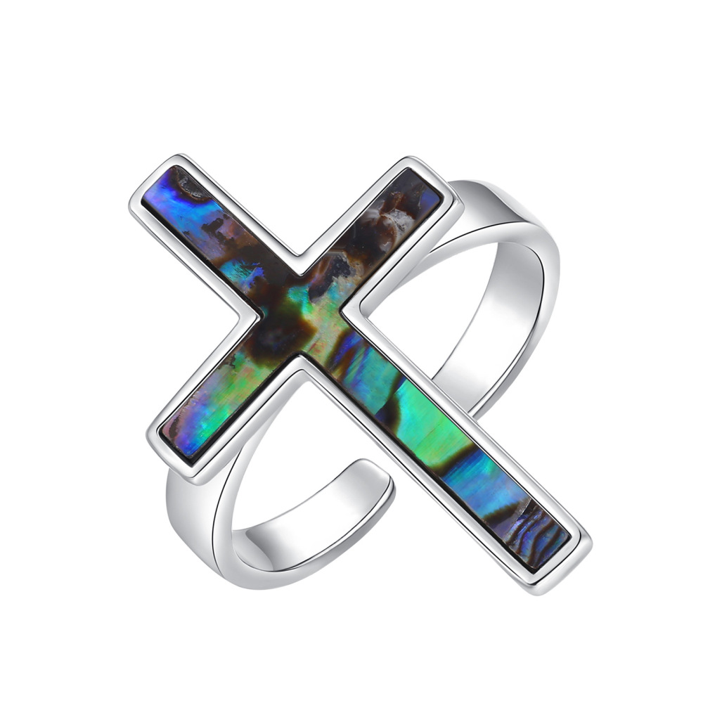 Natural Abalone Shell Cross Design Adjustable Open Ring