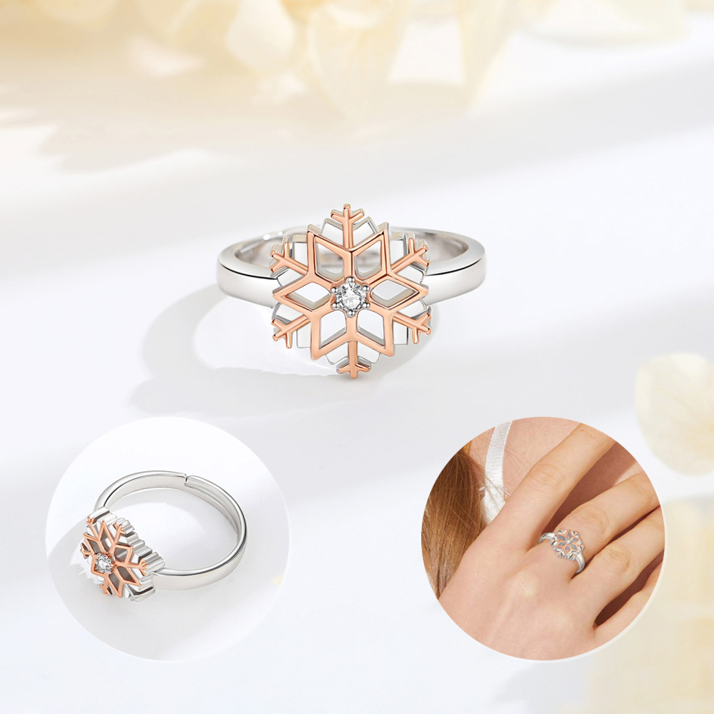 925 Silver & Rose Gold Snowflake Design Open Ring