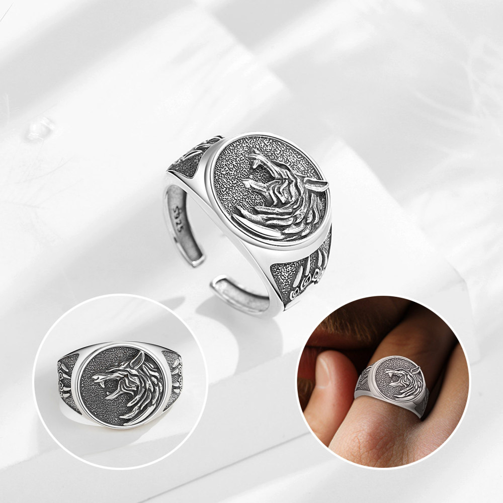 Antique Oxidized Open Design Viking Wolf Head Ring