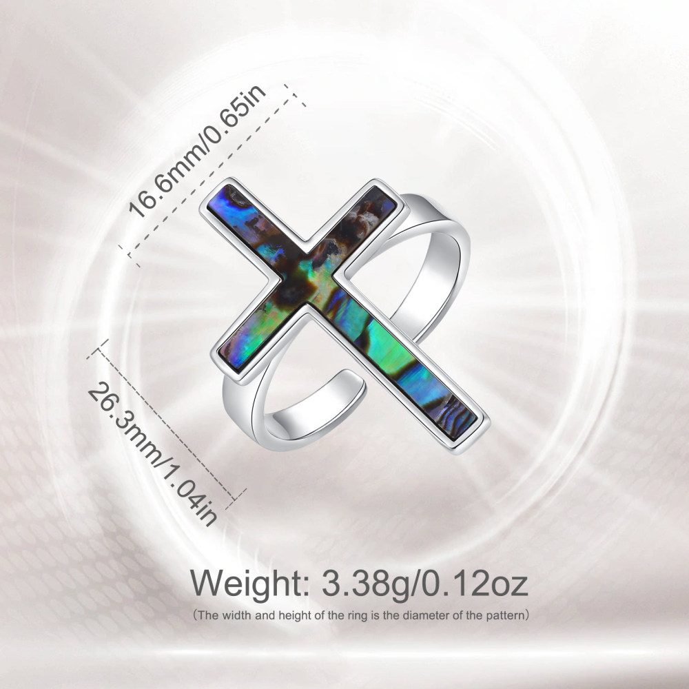 Natural Abalone Shell Cross Design Adjustable Open Ring