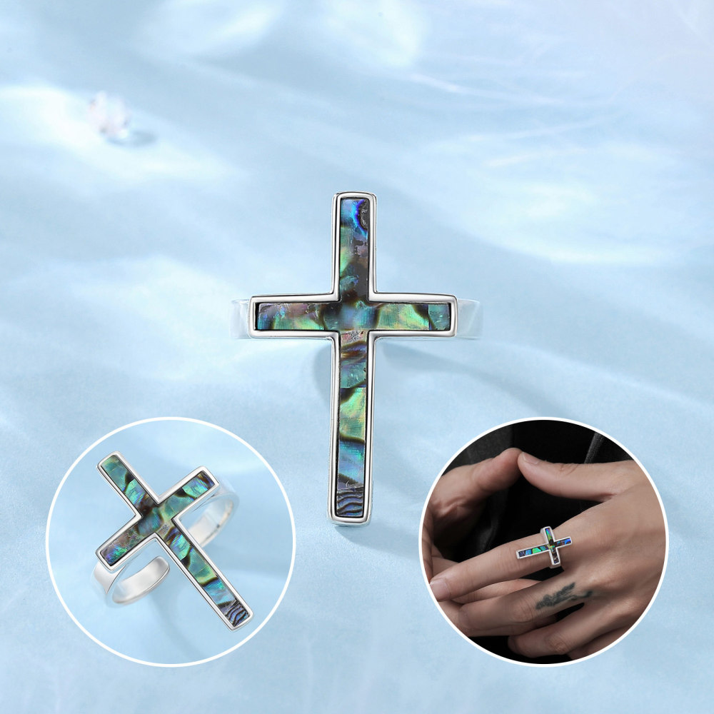 Natural Abalone Shell Cross Design Adjustable Open Ring