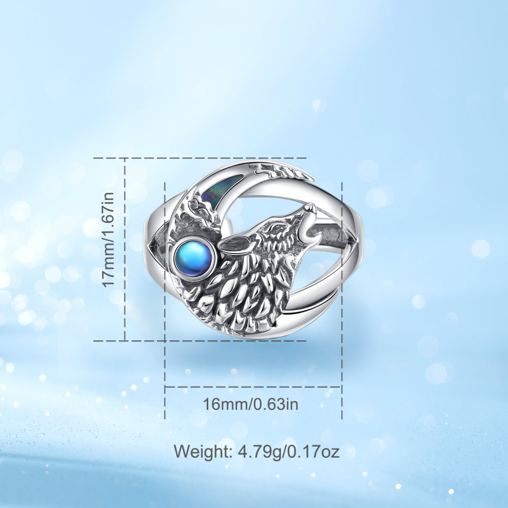 925 Sterling Silver Viking Wolf & Moonstone Open Ring