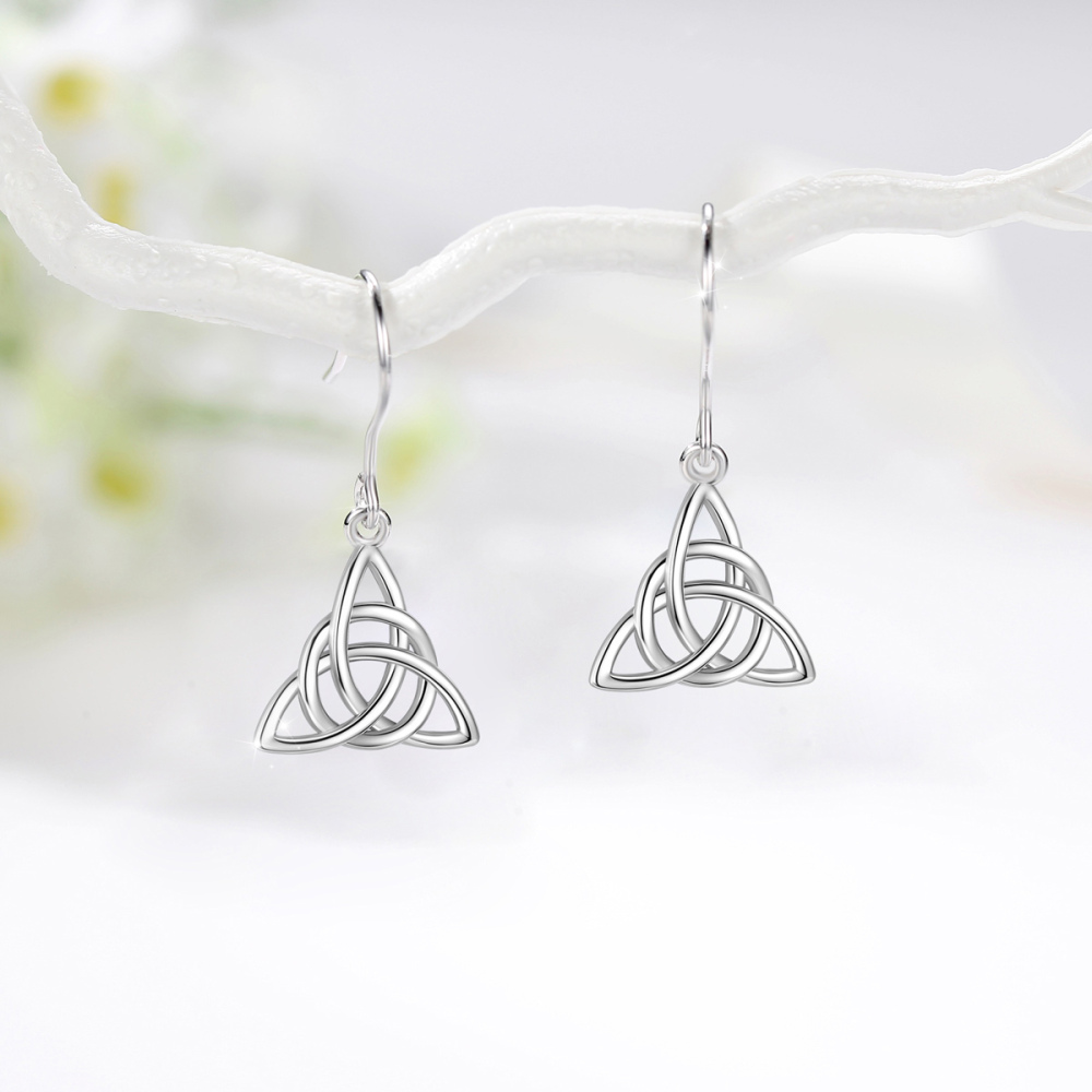 Rhodium-Plated Triangular Celtic Knot Drop Earrings