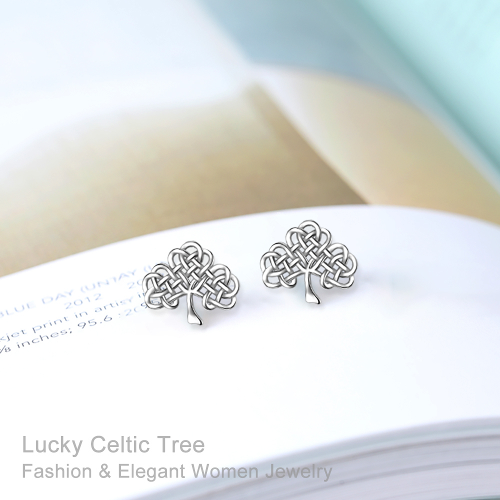 925 Sterling Silver Rhodium-Plated Celtic Tree of Life Stud Earrings
