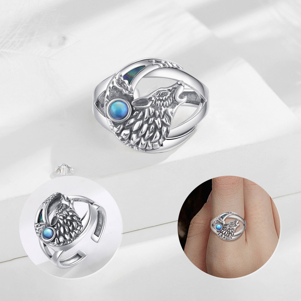 925 Sterling Silver Viking Wolf & Moonstone Open Ring