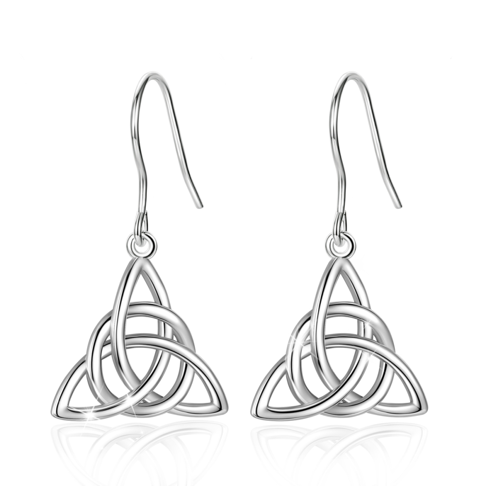 Rhodium-Plated Triangular Celtic Knot Drop Earrings