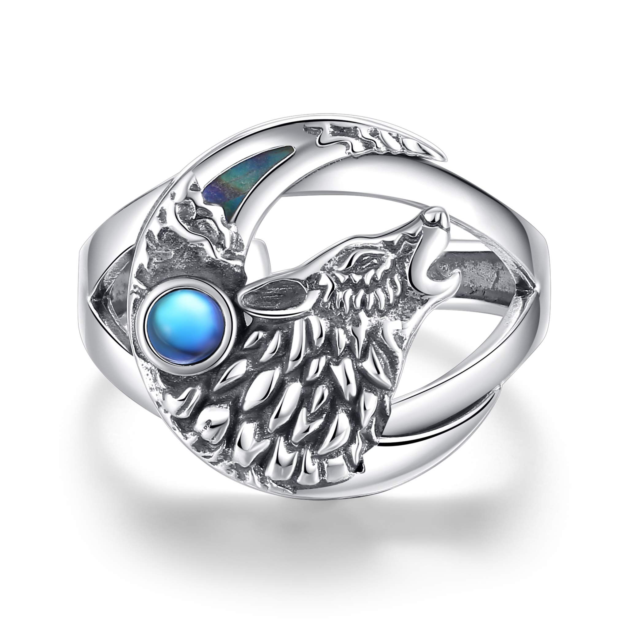 925 Sterling Silver Viking Wolf & Moonstone Open Ring