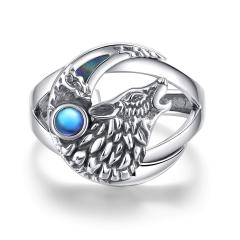 925 Sterling Silver Viking Wolf & Moonstone Open Ring