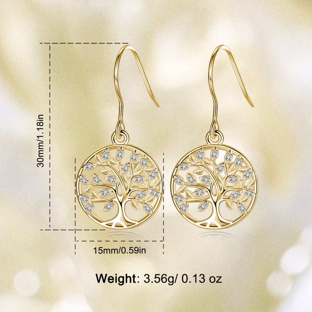Rhodium-Plated Hollow Tree of Life Drop Earrings with Zircon