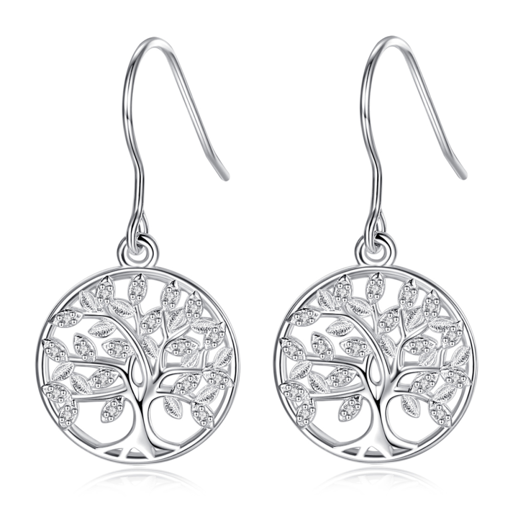 Rhodium-Plated Hollow Tree of Life Drop Earrings with Zircon