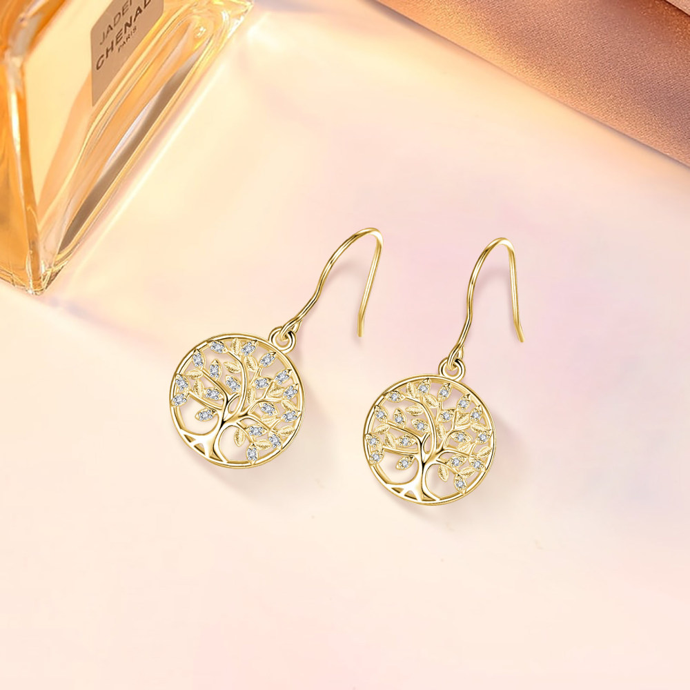 Rhodium-Plated Hollow Tree of Life Drop Earrings with Zircon