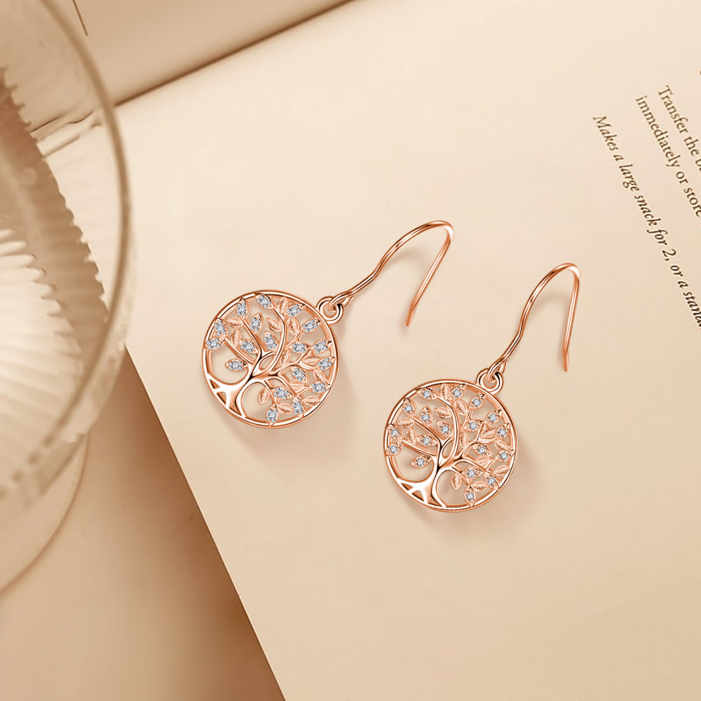 Rhodium-Plated Hollow Tree of Life Drop Earrings with Zircon