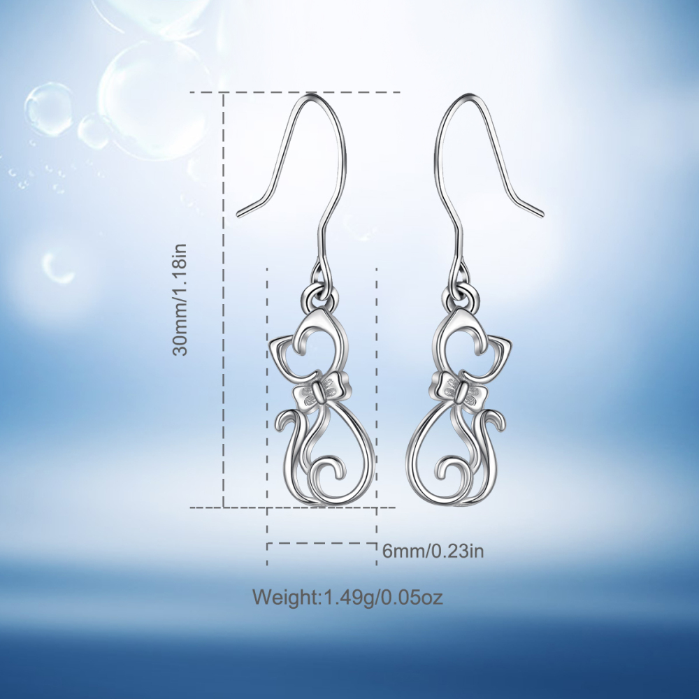 925 Sterling Silver Bow Tie Cat Design Drop Earrings