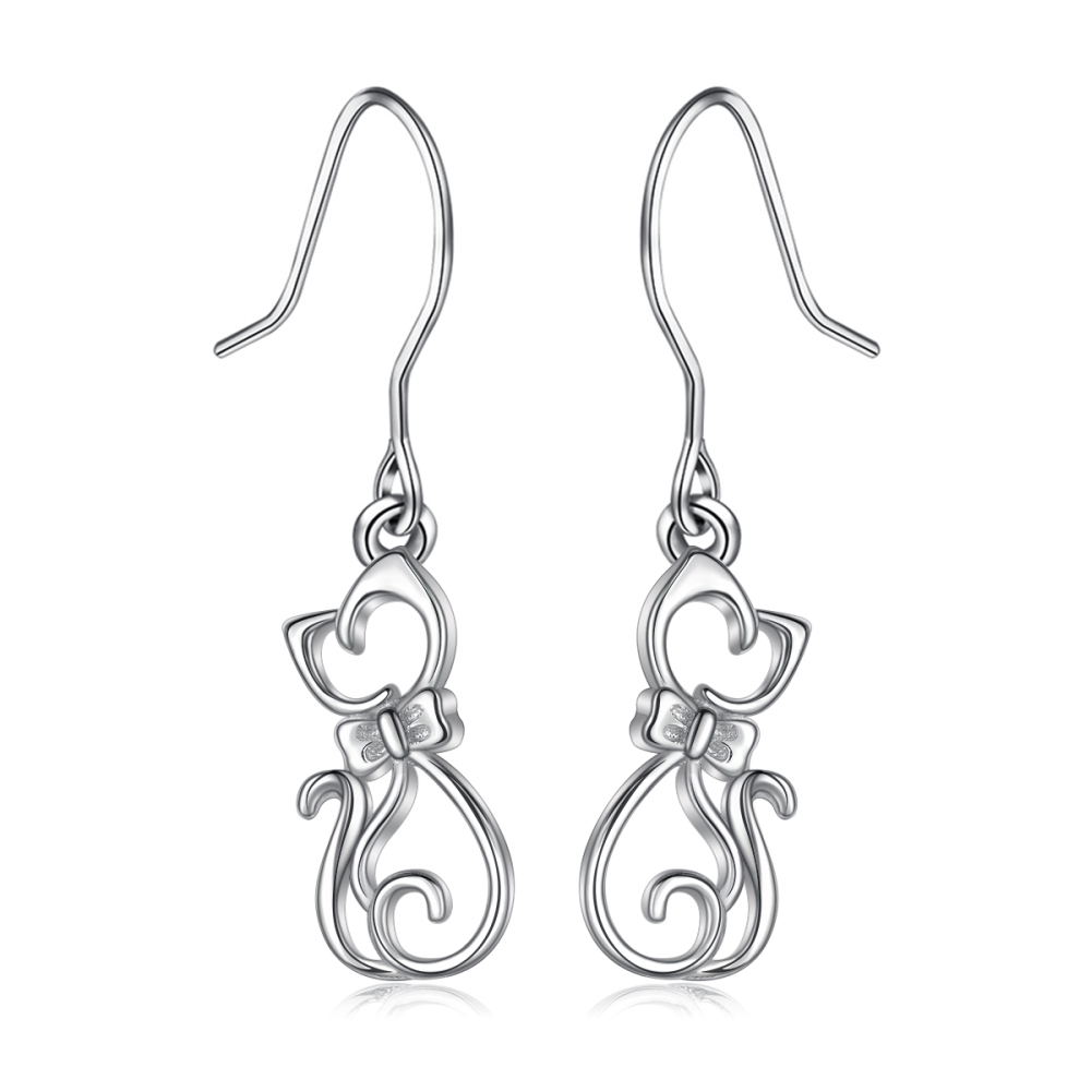 925 Sterling Silver Bow Tie Cat Design Drop Earrings