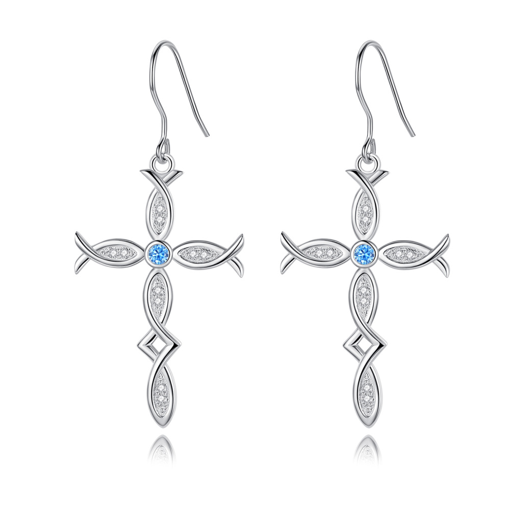 925 Sterling Silver Cross Drop Earrings with Blue and White Zirconia