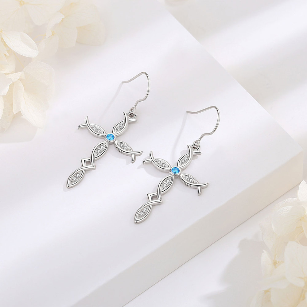 925 Sterling Silver Cross Drop Earrings with Blue and White Zirconia