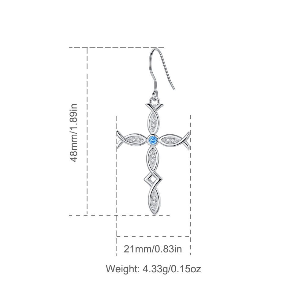 925 Sterling Silver Cross Drop Earrings with Blue and White Zirconia
