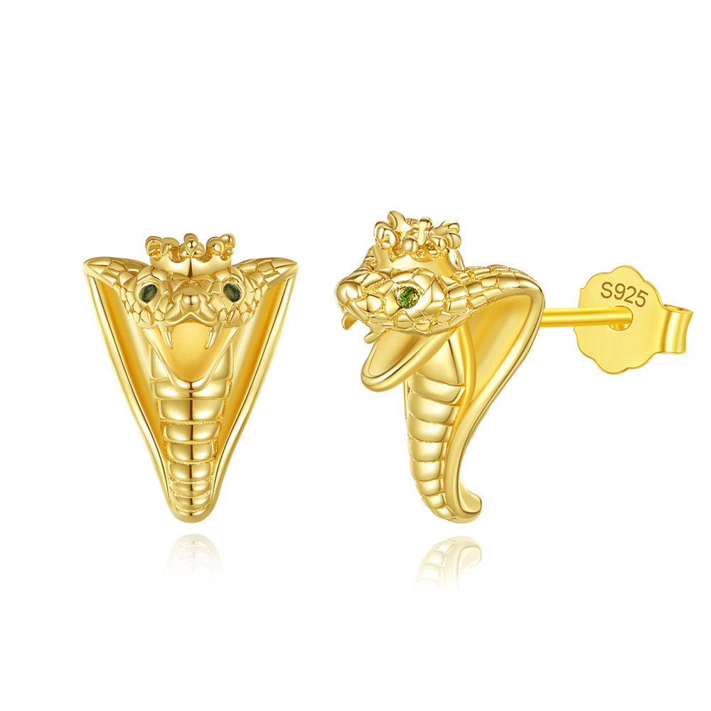 18K Gold-Plated 925 Sterling Silver Cobra Stud Earrings with Green Zirconia