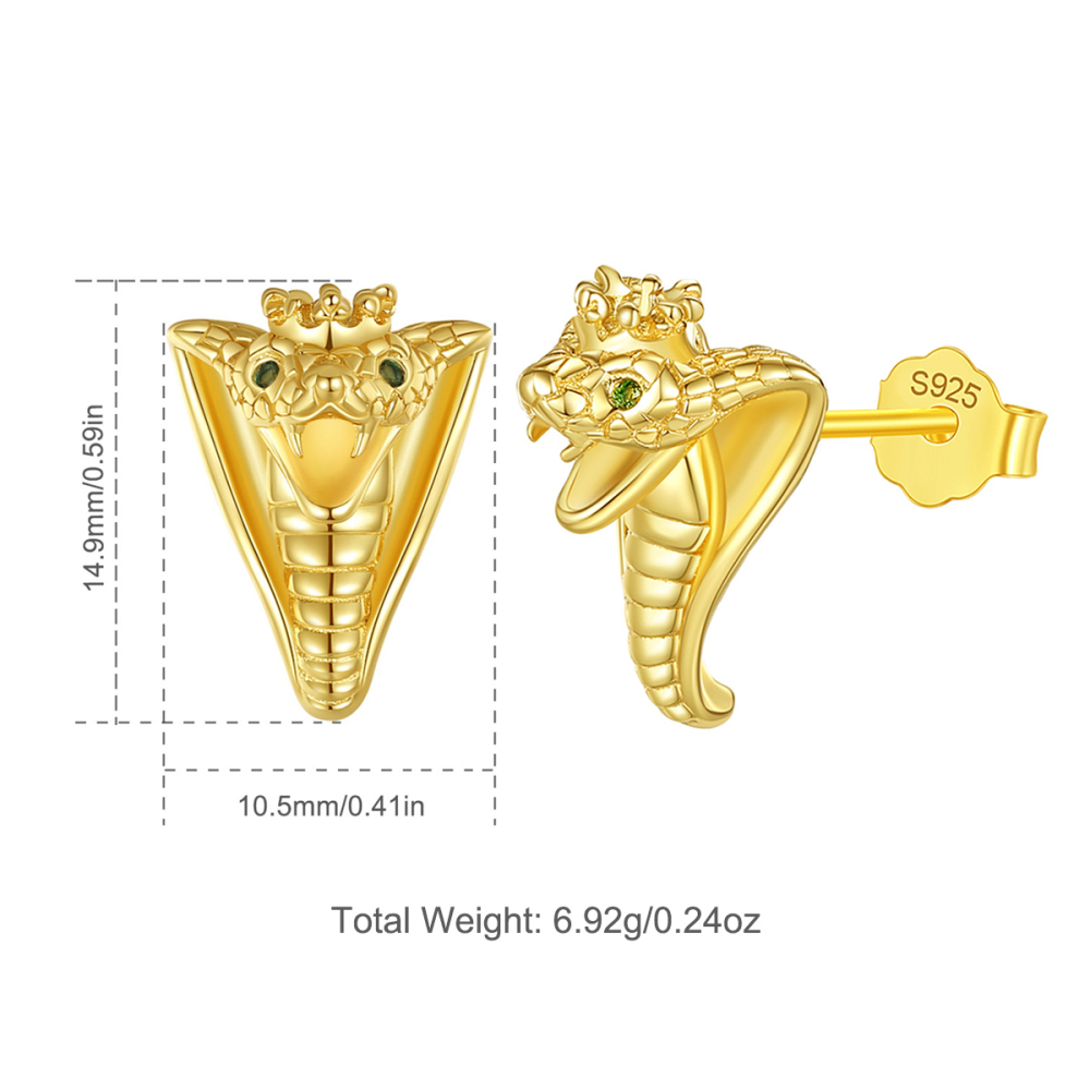 18K Gold-Plated 925 Sterling Silver Cobra Stud Earrings with Green Zirconia