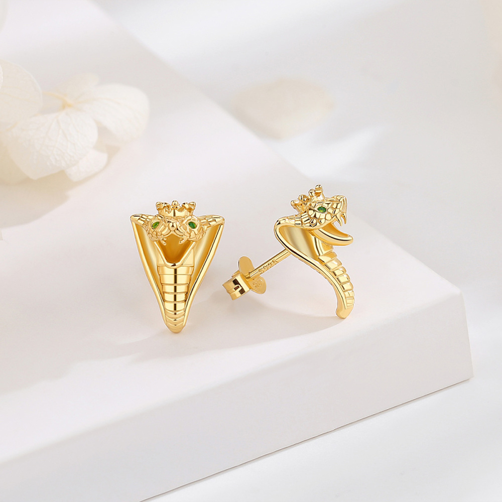18K Gold-Plated 925 Sterling Silver Cobra Stud Earrings with Green Zirconia