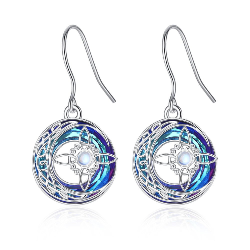 Silver Moon & Blue Crystal Wicca Knot Drop Earrings