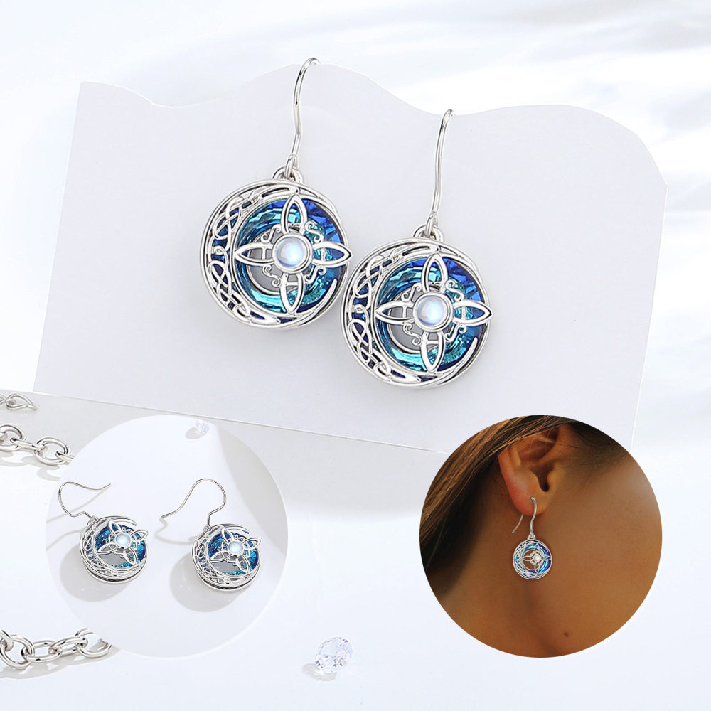 Silver Moon & Blue Crystal Wicca Knot Drop Earrings