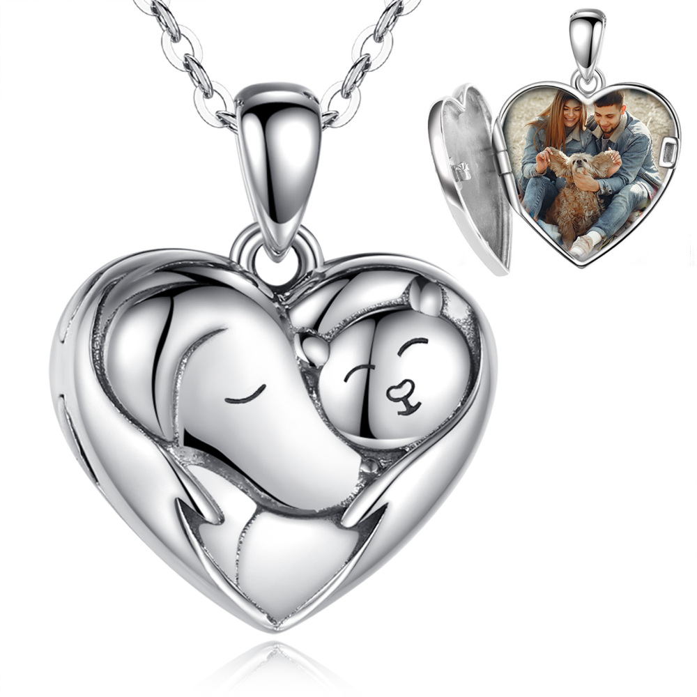 Cat and Dog Design Heart-Shaped Photo Locket Pendant