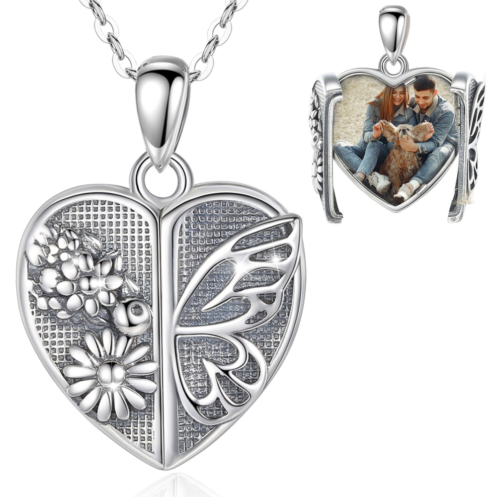 Vintage Butterfly Heart Photo Locket Pendant Necklace