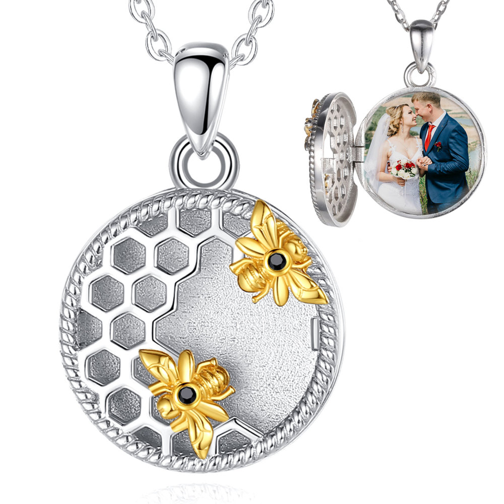 Honeycomb and Bee Round Photo Locket Pendant Necklace