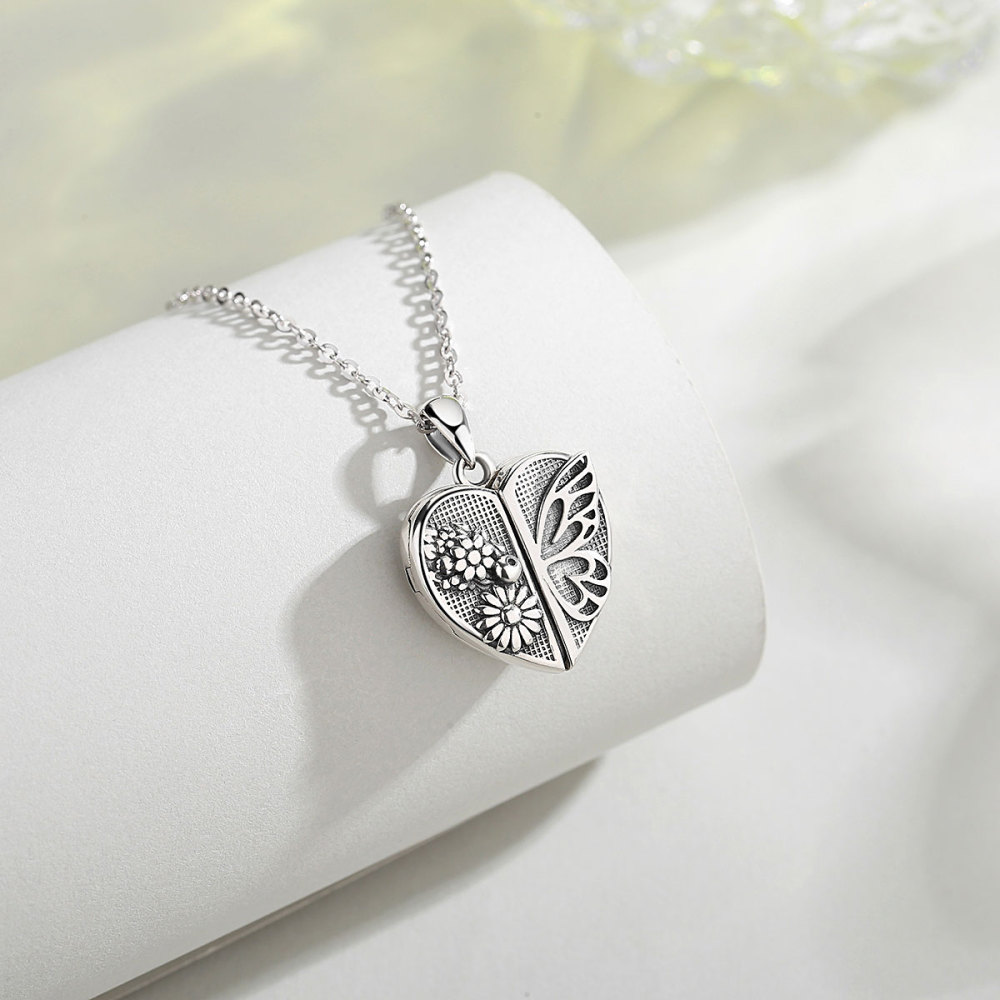 Vintage Butterfly Heart Photo Locket Pendant Necklace