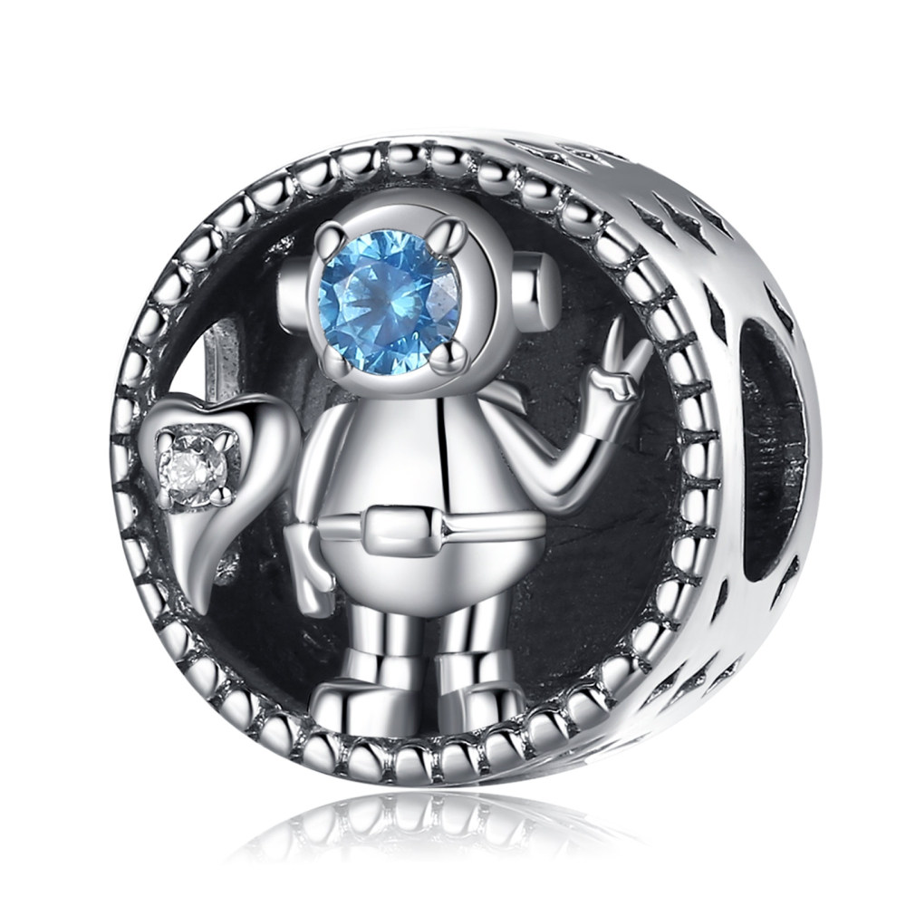 Flat Round 925 Sterling Silver Bead with Astronaut Relief
