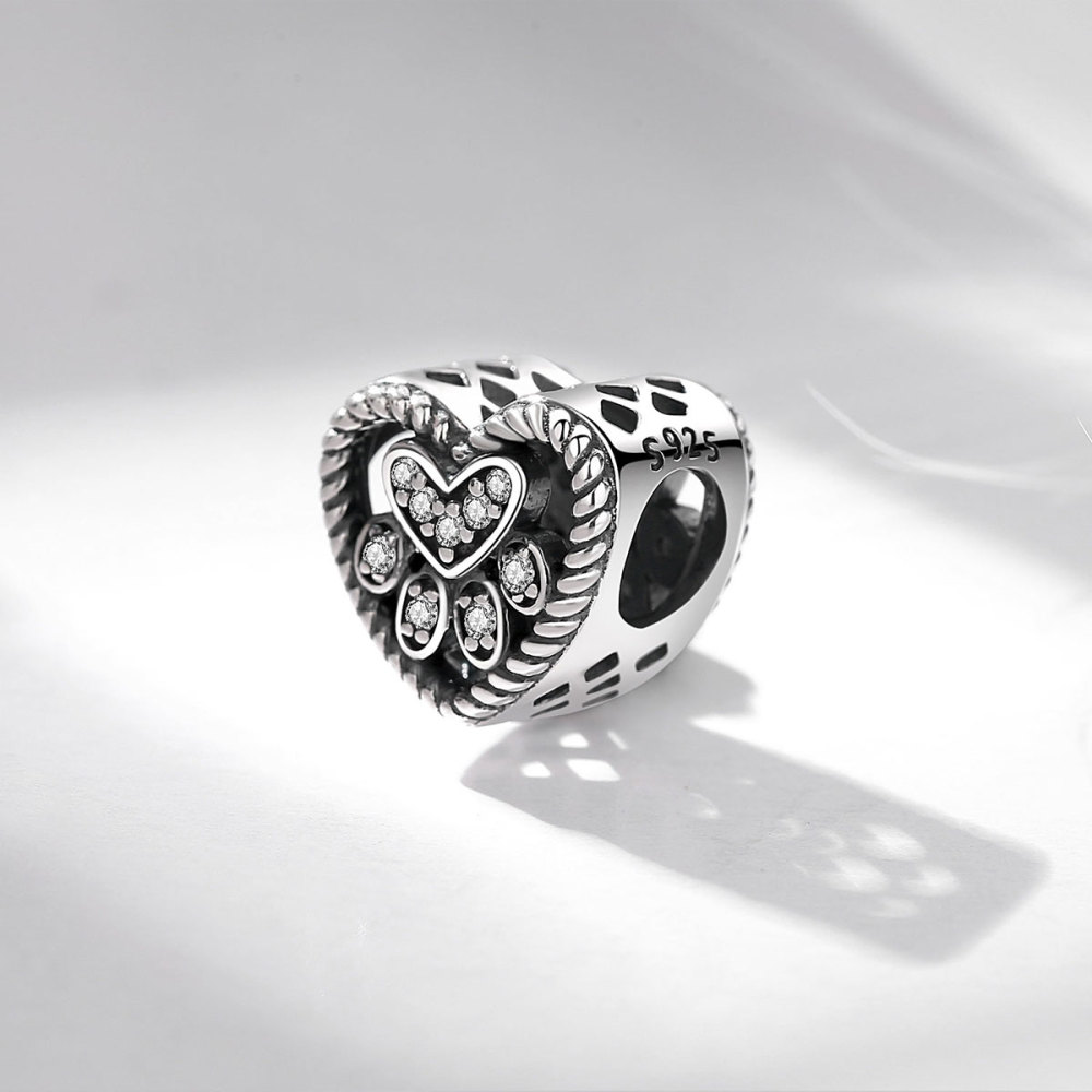 925 Sterling Silver Heart Bead with Paw Print and Zircon