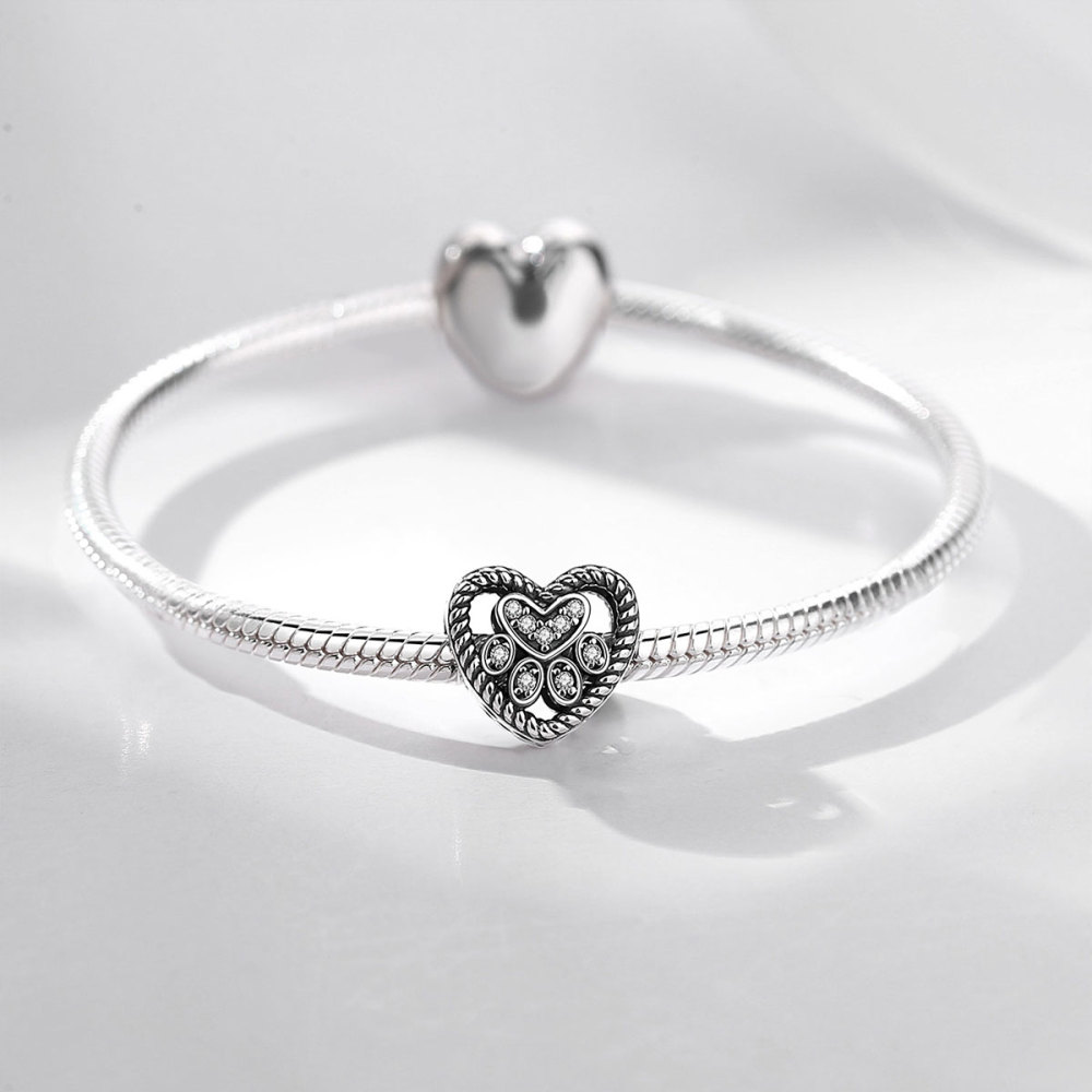 925 Sterling Silver Heart Bead with Paw Print and Zircon