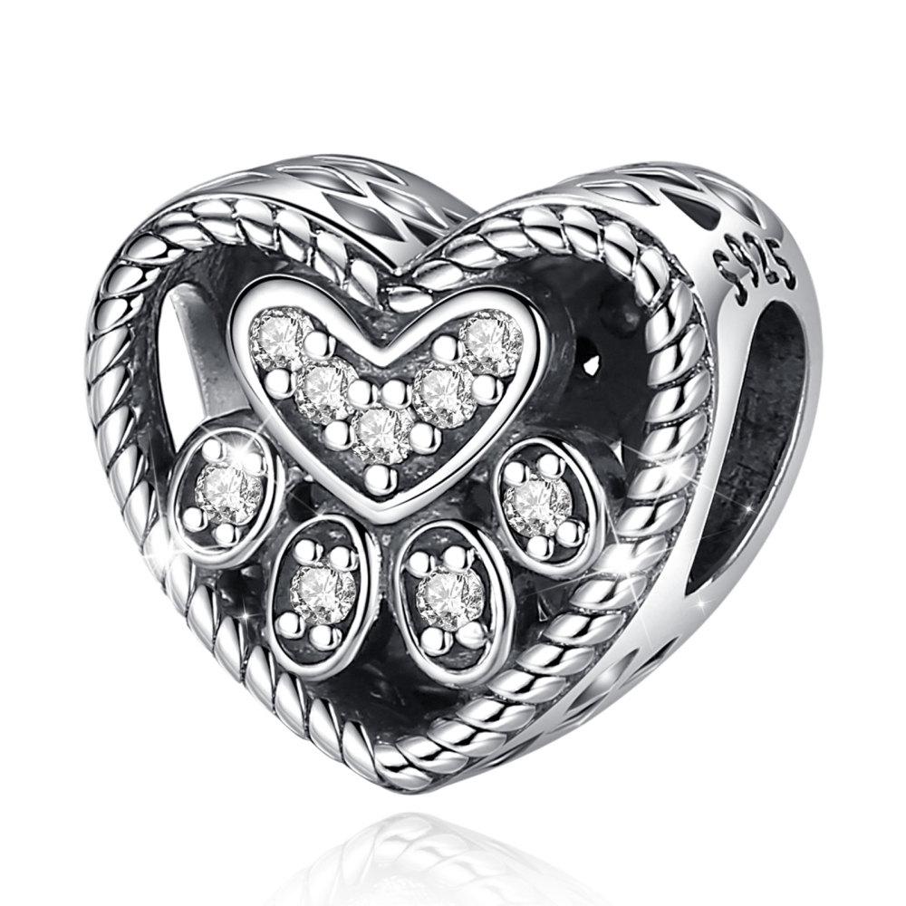 925 Sterling Silver Heart Bead with Paw Print and Zircon