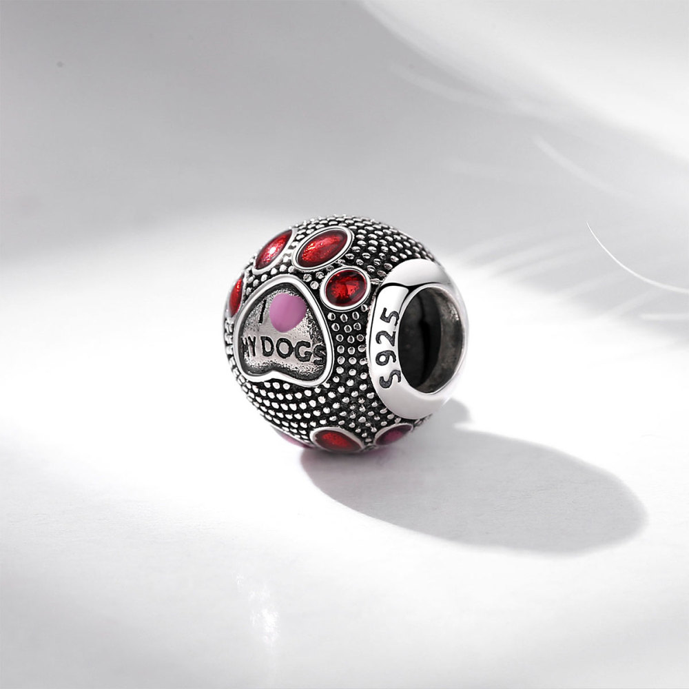 Vintage-Inspired 925 Sterling Silver Beads with Red Paw Print