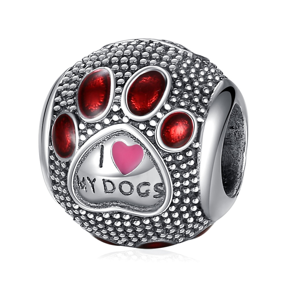 Vintage-Inspired 925 Sterling Silver Beads with Red Paw Print