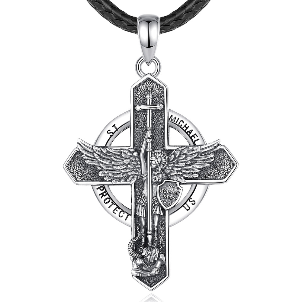 925 Sterling Silver St. Michael Archangel Cross Pendant Necklace