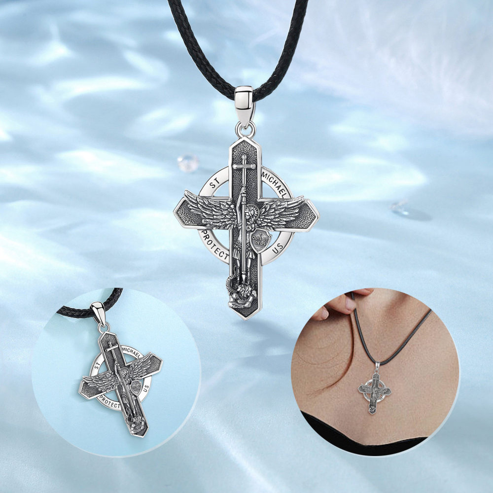 925 Sterling Silver St. Michael Archangel Cross Pendant Necklace