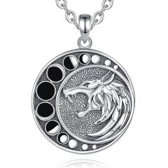 925 Sterling Silver Oxidized Finish Moon & Wolf Pendant Necklace
