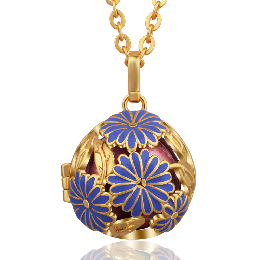 Gold-Plated Copper Blue Daisy Chime Ball Necklace
