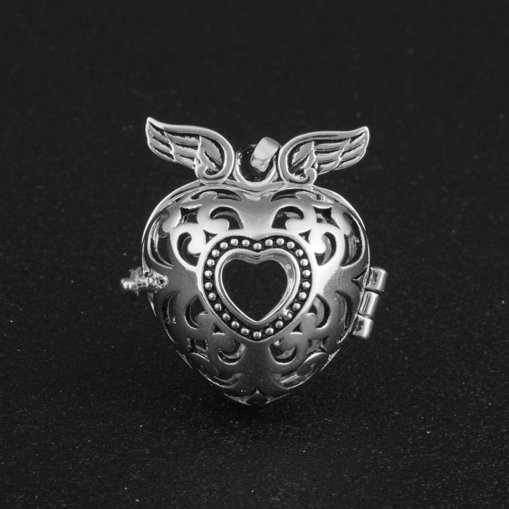Oxidized Silver Angel Wings Heart Prayer Bell Cage Pendant