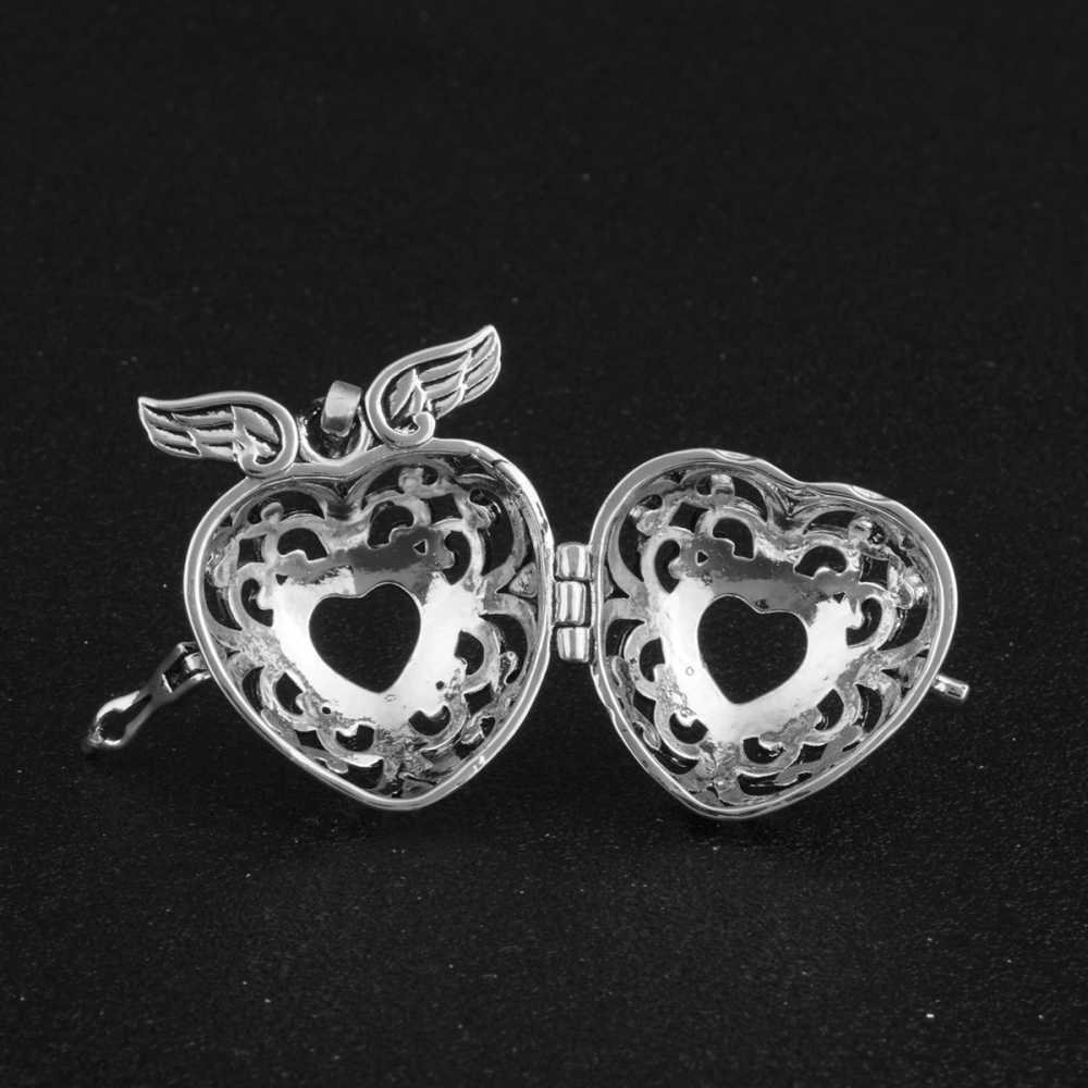 Oxidized Silver Angel Wings Heart Prayer Bell Cage Pendant
